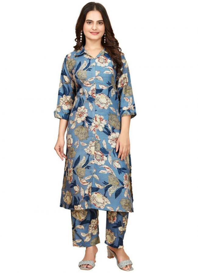 Cotton Sky Blue Casual Wear Printed Readymade Cord Set